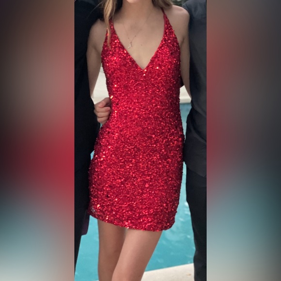 SCALA - 48782 Fitted String Strapped Sequin Dress in red sized 0. - Picture 2 of 4